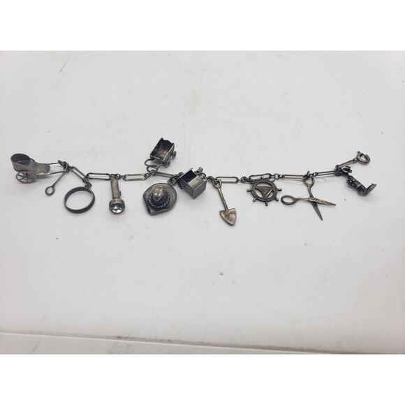 Unknown Jewelry - Vintage Sterling Silver Charm Bracelet Cowboy Nautical Scissors Ring Hat 7in